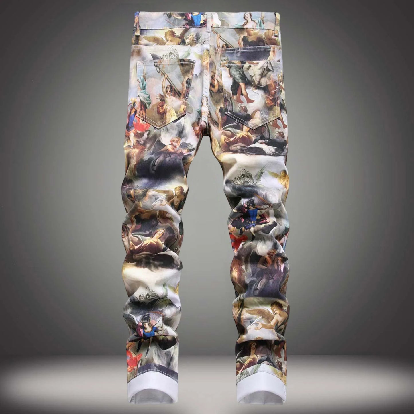 2025 Denim Pencil Pants Men Print Jeans Washed Mid Waist Pockets Vintage Straight Denims Streetwear Ankle Length Trousers