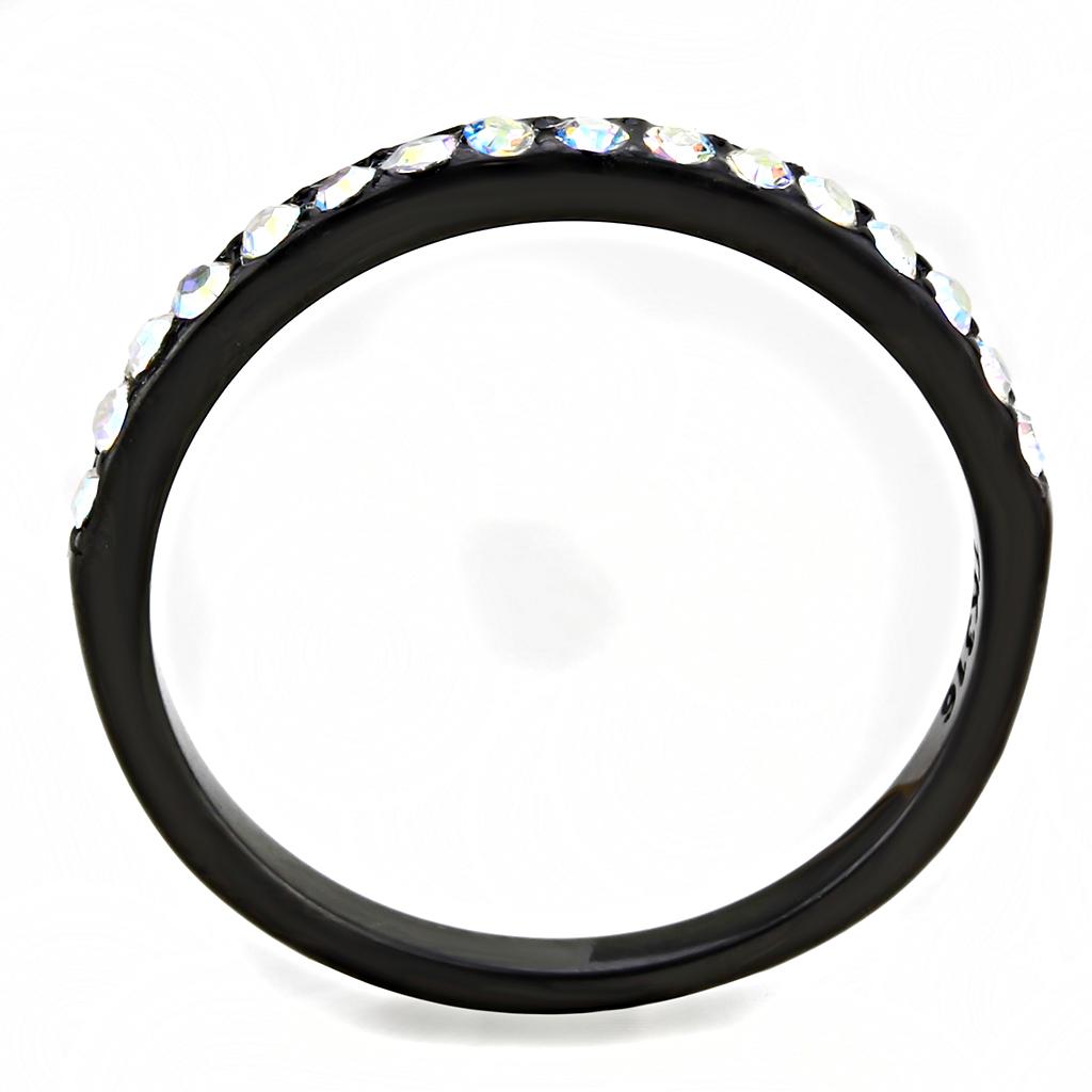 TK3556 - IP Black(Ion Plating) Stainless Steel Ring with Top Grade Crystal in Aurora Borealis (Rainbow Effect)-2