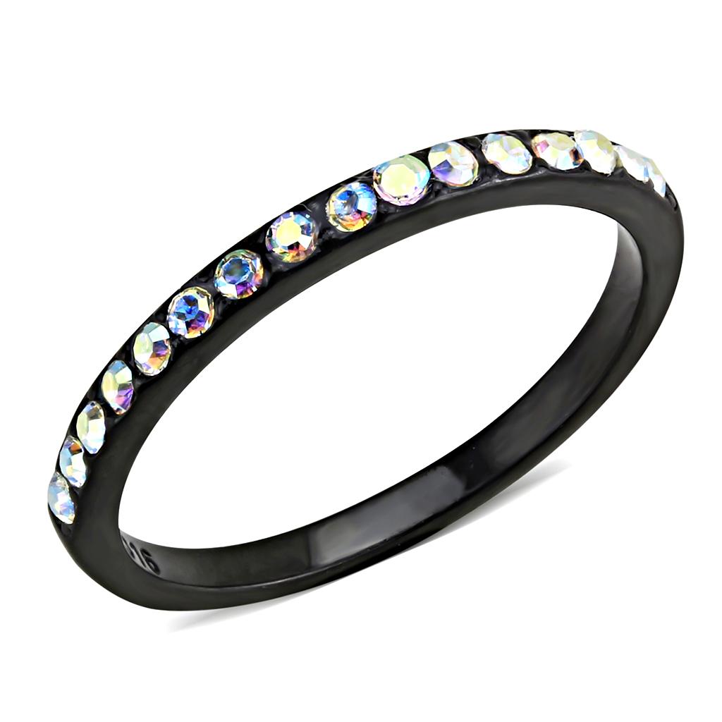 TK3556 - IP Black(Ion Plating) Stainless Steel Ring with Top Grade Crystal in Aurora Borealis (Rainbow Effect)-0