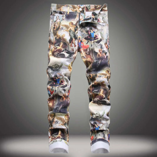 2025 Denim Pencil Pants Men Print Jeans Washed Mid Waist Pockets Vintage Straight Denims Streetwear Ankle Length Trousers